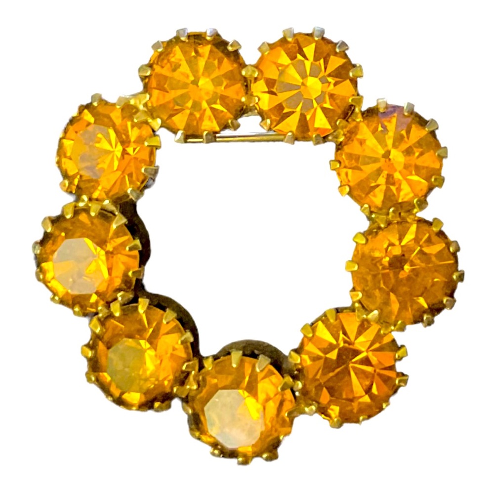 Vintage Yellow Topaz Rhinestone Circle Brooch/Pin in Goldtone Metal